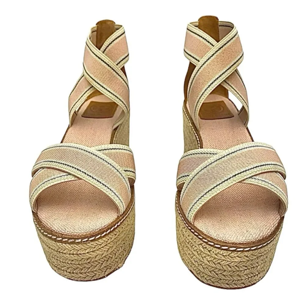 Tory Burch Frieda Espadrille Wedge Sandals Blush Stripe Tan Size 8M
